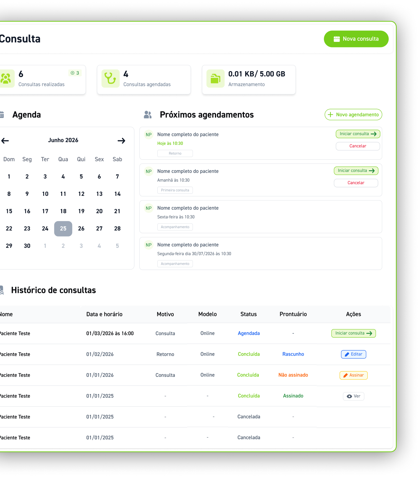 Tela da agenda da Kaya Doc com calendário, próximos agendamentos e histórico de consultas