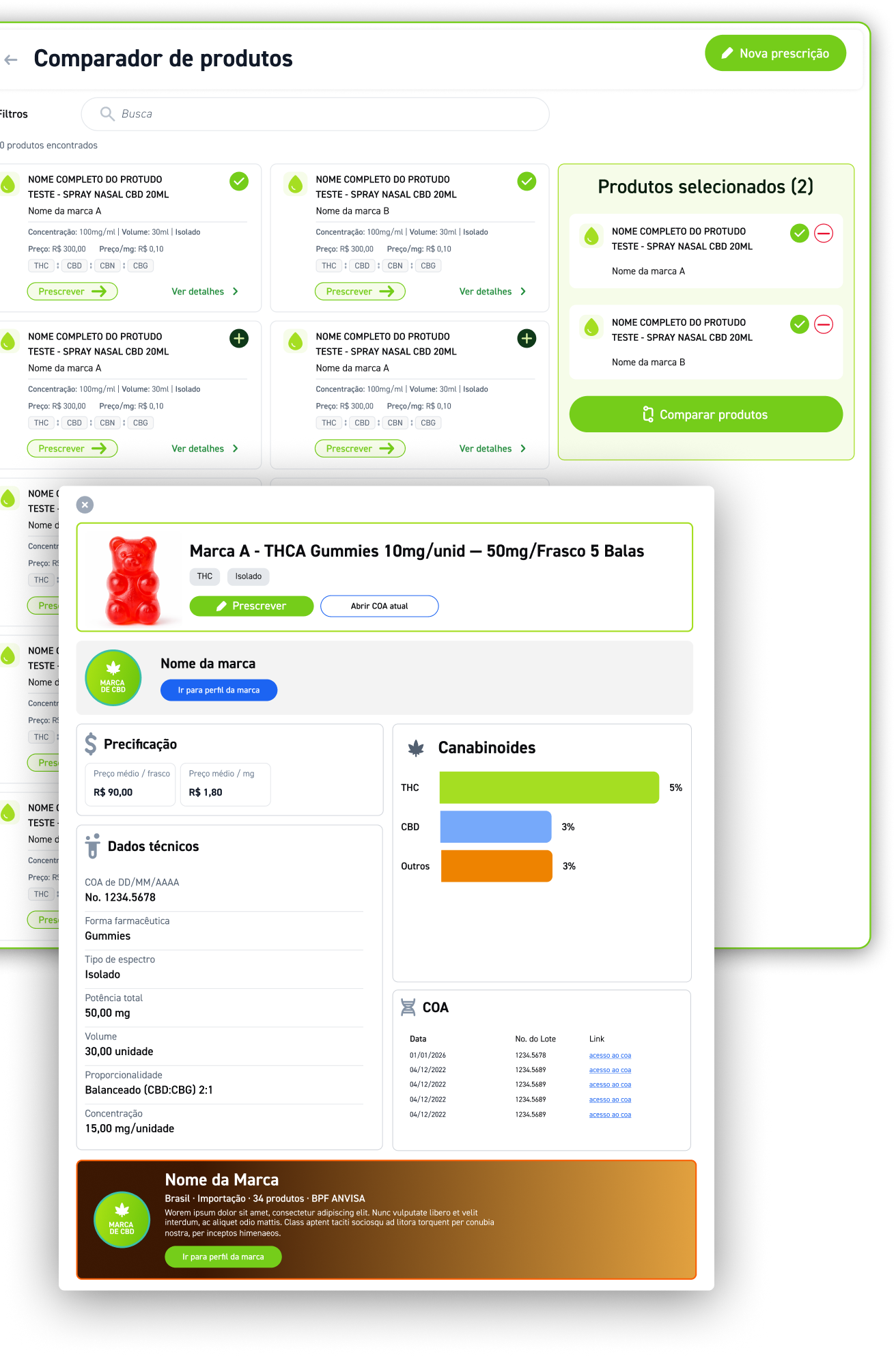 Tela do Comparador de produtos da Kaya Doc com cards de produtos e detalhes técnicos