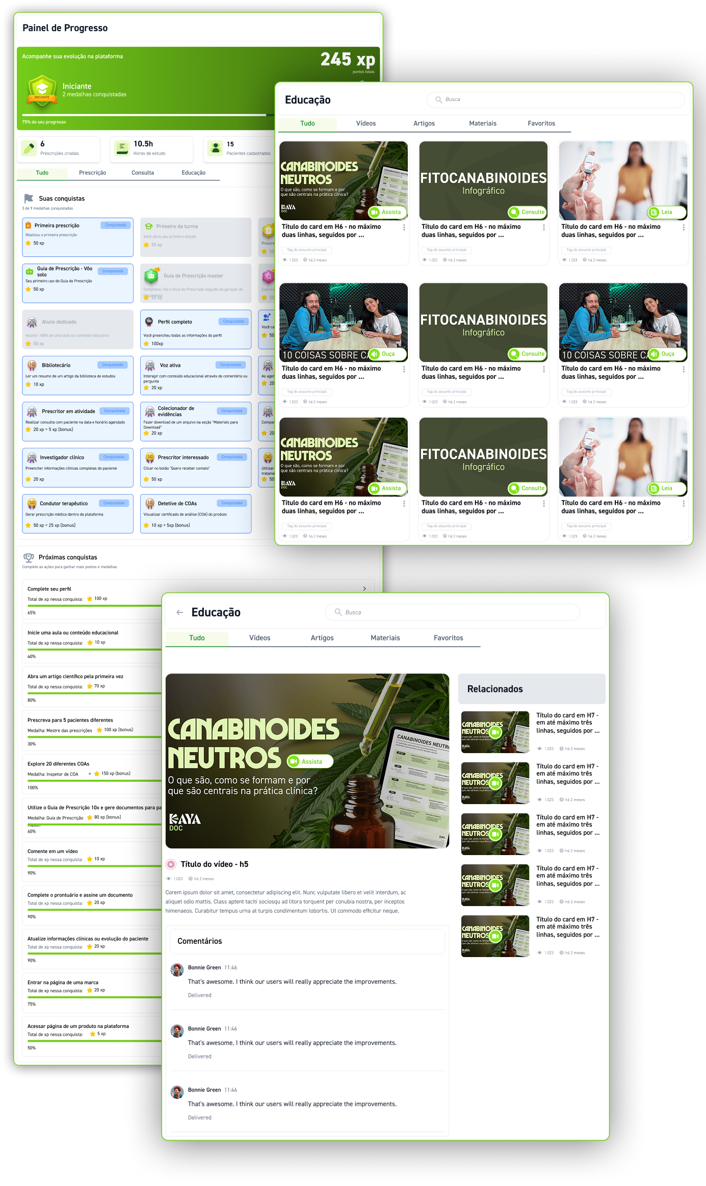 Telas da Central de Educação e Painel de Progresso da Kaya Doc com cards de conteúdo e medalhas de gamificação