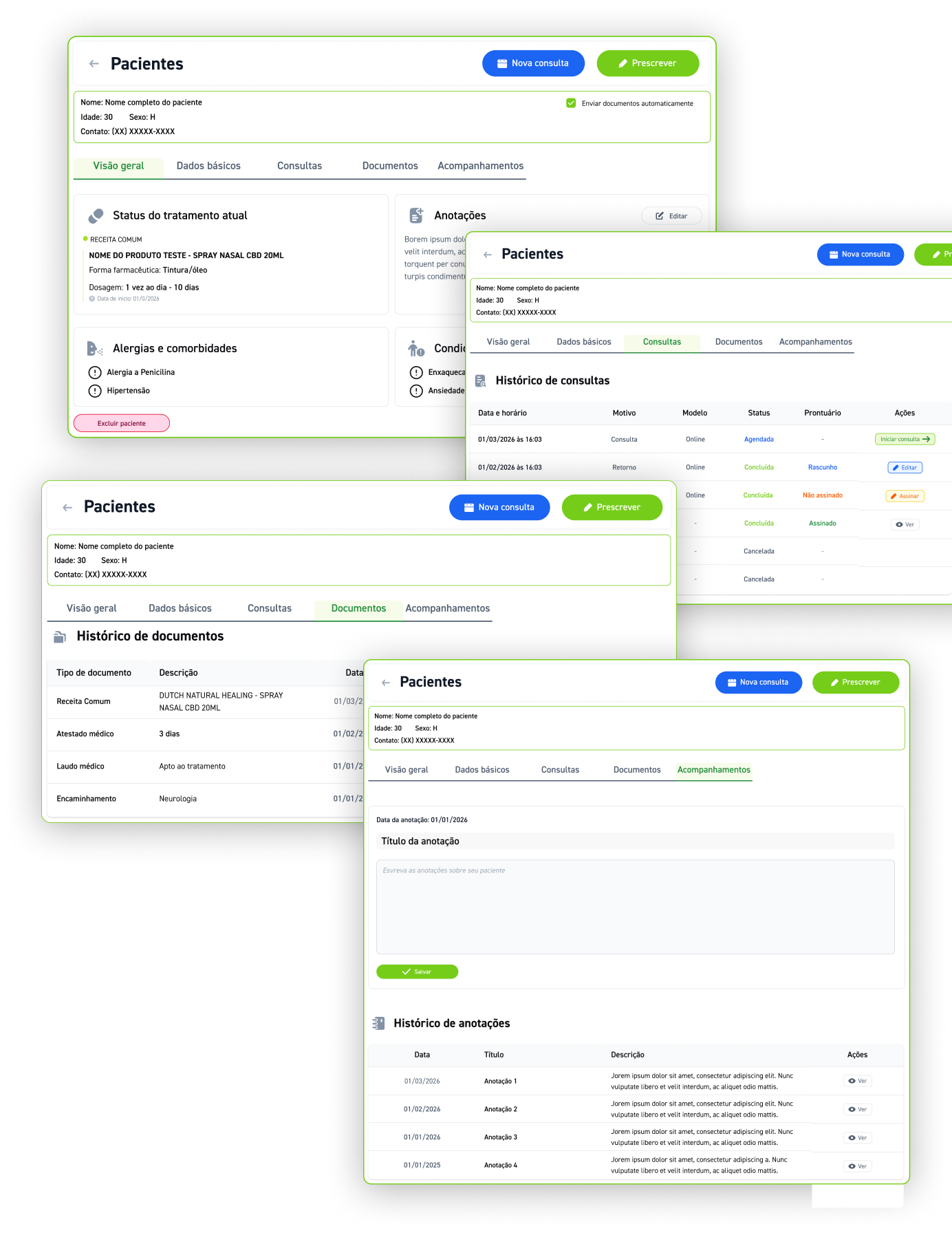 Telas do prontuário eletrônico da Kaya Doc com abas Visão geral, Consultas, Documentos e Acompanhamentos